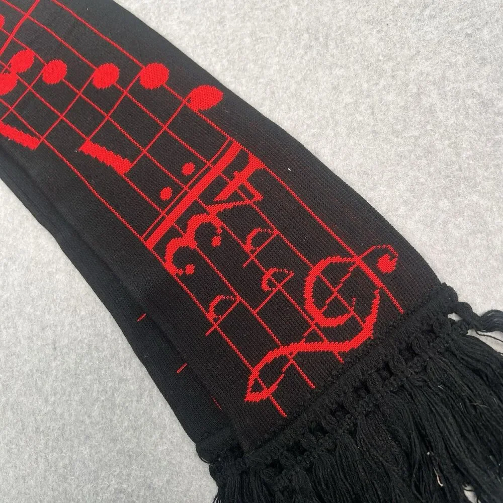 Vintage Scarf Music Staff Notes 1982 By Edgerton PA  88” Long red on black